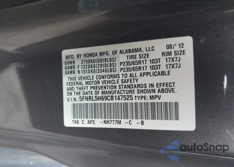 2012 Honda Odyssey Ex-L z USA, uszkodzony, nr VIN 5FNRL5H69CB147525